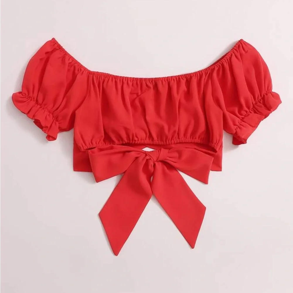 SHEIN Soleia Tied Hem Puff Sleeve Crop Top red size large - Picture 2 of 2